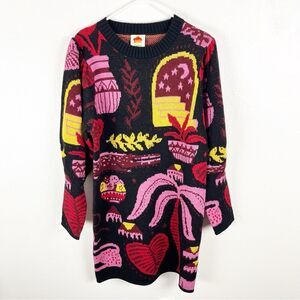 FARM RIO Black Tropical Magic Knit Long Puff Sleeves Sweater Dress Size Medium